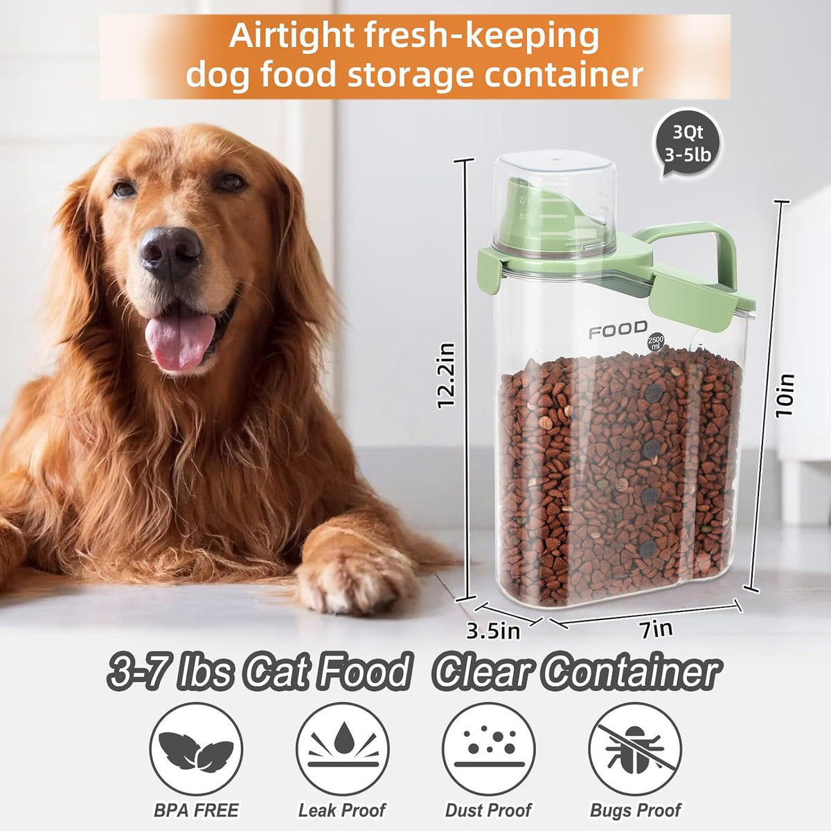 LEAWALK Airtight Small Cat Dog Pet Food Storage Containers BPA Free, with Large Pour Spout/1 Measuring Cup/ 4 Safety Locks and Double-layer Silicone Strip (Olive Gray x 2, 3L-2pack)