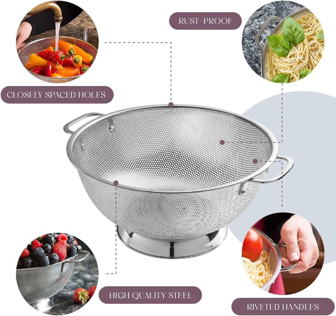 Bellemain 3 Qt Metal Colander with Handle | Pasta, Spaghetti, Berry, Fruit, Vegetable, Kitchen Food Strainer Basket | 18/8 Stainless Steel Colander Bowl | Pot Drainer for Cooking, Sifter Strainer