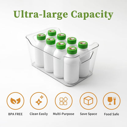 4 Pack Clear Storage Bins for Pantry Organization and Storage, Stackable Fridge Organizers with Built-in Handles, BPA Free Plastic Open Front Baskets for Kitchen Cabinet, Bathroom, Closet, and Toys