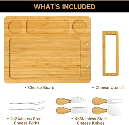Bamboo charcuterie boards Gift Set - Serving Meat Cheese Board, Charcuterie Board Set with 4 Stainless Steel Cheese Knife, Ideal for House Warming Gifts New Home, Christmas, Bridal Shower Gift