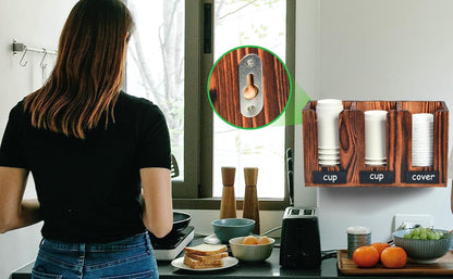 Rustic Torched Brown Wood Countertop Holder Disposable Paper Cup Wall Mounted Foam to Go Coffee Cups Server Caddy Table Top Chalkboard Labels Drink Station Café Bar Parties Organizer Rack