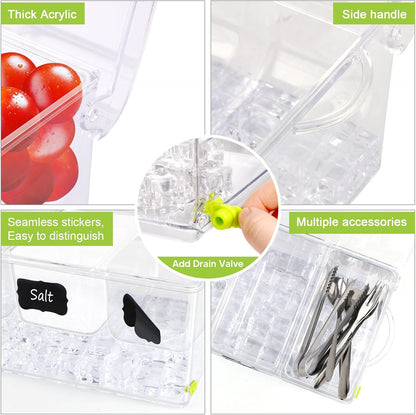 5 Compartment Condiment Server, Ice Chilled Condiment Containers with Hinged Lid Chilled Caddy with 5 Removable Dishes and 15 Pieces Stainless Steel Serving Tongs Serving Spoons Fruit Forks