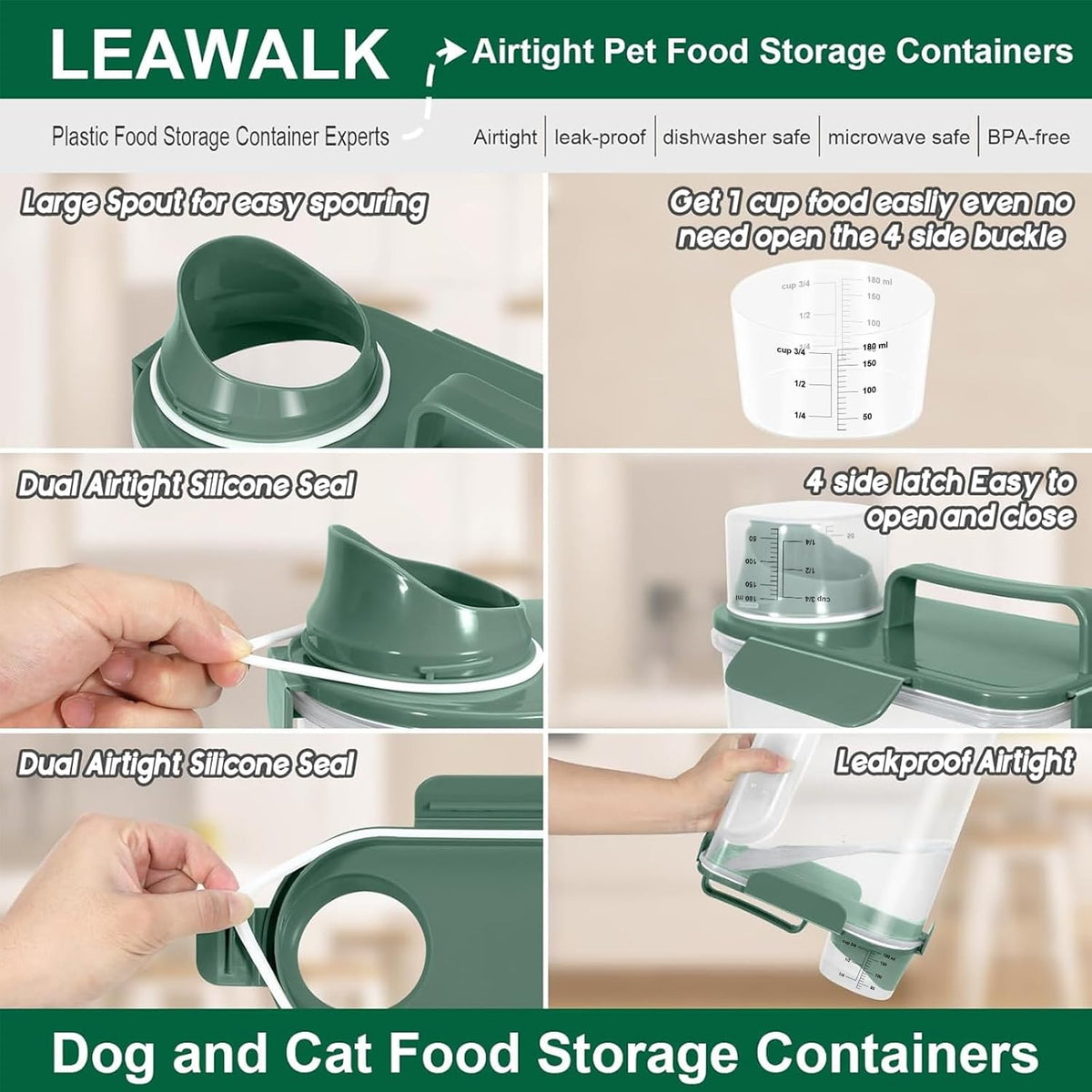 LEAWALK 5Lbs Airtight Cat Dog Food Storage Container with Upgraded Large Nozzle BPA-Free, Pet Food Storage Containers for Rice, Grain, Pet Food, Flour, Dog Treat Storage (Dark Gray, 5L-1pack)