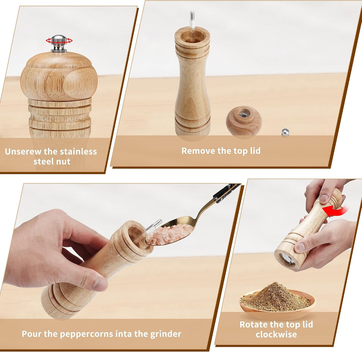 Gulex Wood Pepper Grinder Pepper Mill Adjustable Coarseness 8 Inch Retro