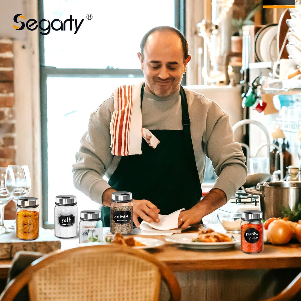 Segarty Spice Jars, 3 oz Spice Bottles with Shaker Lids, Glass Empty Seasoning Containers with Adjustable Pour Holes for Kitchen Spice Storage Stainless Steel Flow Top Salt and Pepper Shakers