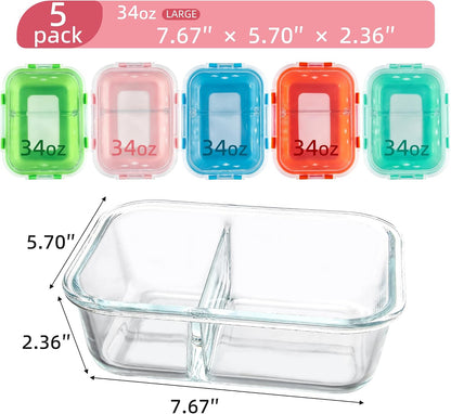5 Pack Glass Meal Prep Containers 3 Compartment with Lids, Divided Glass Storage Containers with Silicone Sleeve for Lunch, Leak-Proof Portion Control Food Containers, Dishwasher Safe, 34 oz