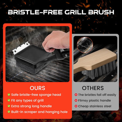 4-in-1 Bristle-Free Grill Brush — 18.8" Steam Grill Cleaner with Replaceable Head, Scraper & Bottle Opener, Long Non-Slip Heat-Resistant Handle