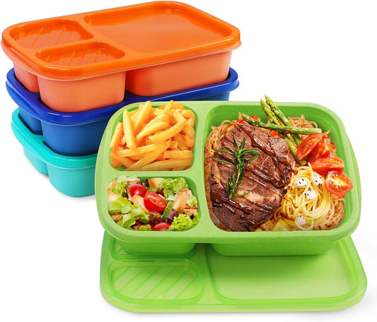 buluker 4 Pack Bento Lunch Box Set 3 Compartment Food Storage Containers Wheat Straw Meal Prep Lunch Box Plastic Food Storage Containers, Microwave and Dishwasher Safe (light colour)