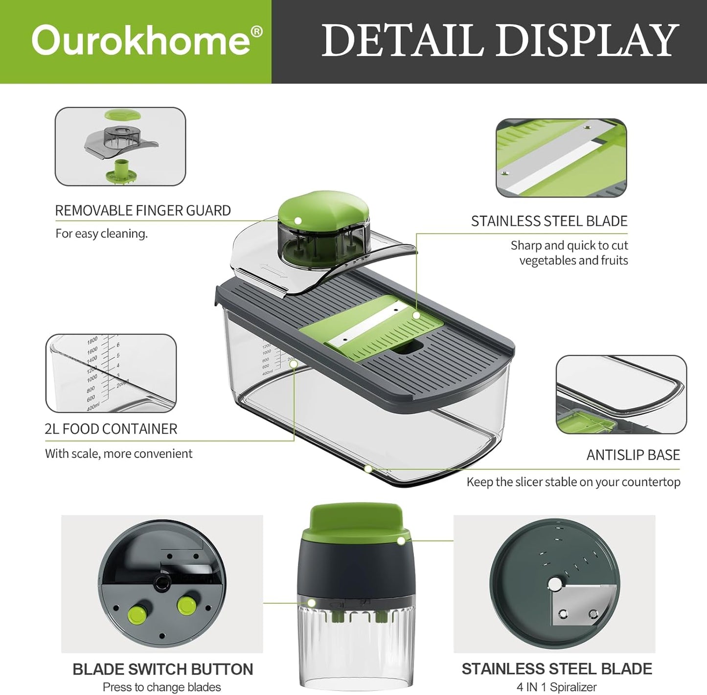 Ourokhome Mandolin Slicer for Kitchen Food, Hand Safe Vegetable Shredder with 6 Mandoline Blades, Veggie Waffle Cutter for Potato, Carrot, Zucchini, Onion, Essential Kitchen Gadgets (6 in 1, Gray)