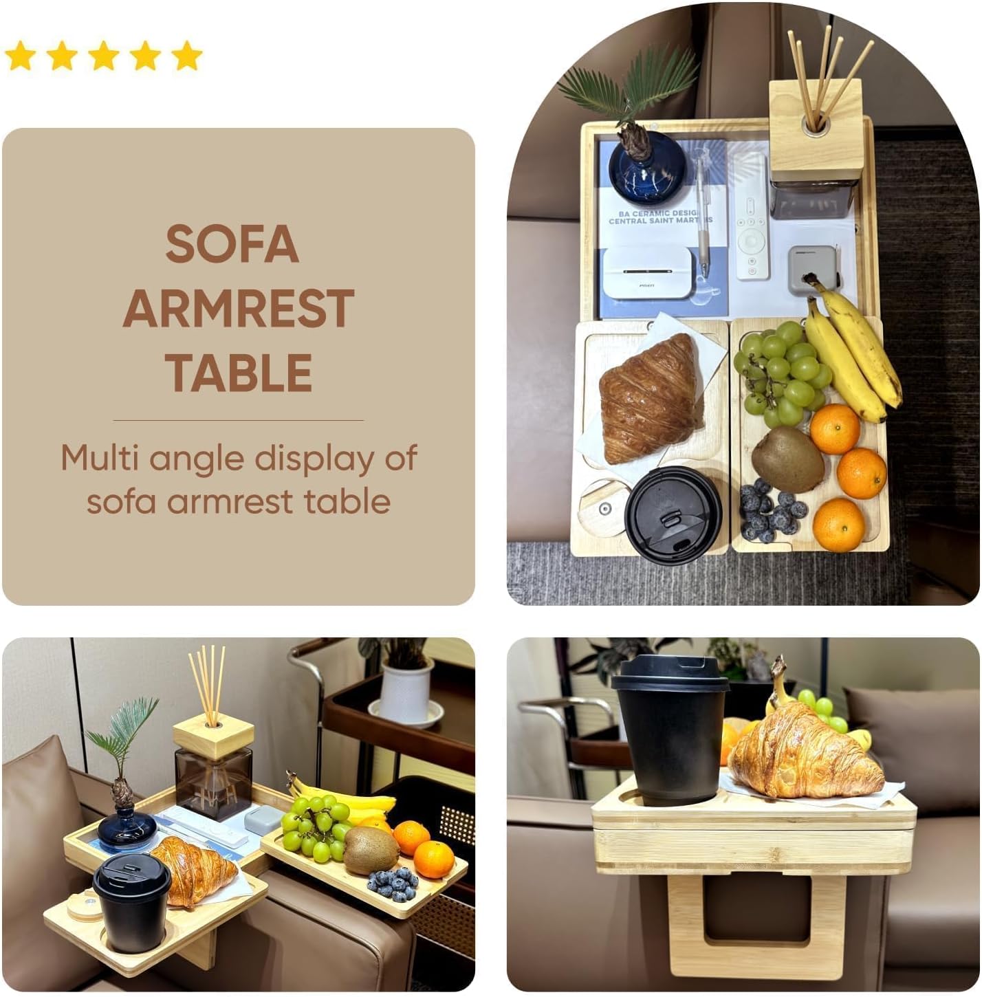 4 In 1 Bamboo Couch Arm Tray With Cup Holder, 360 Rotated Sofa Armrest Table for Couches, Armchair Caddy Organizer for Snacks & Drinks, Couch Arm Rest Table With Storage & Phone Holder for Living Room