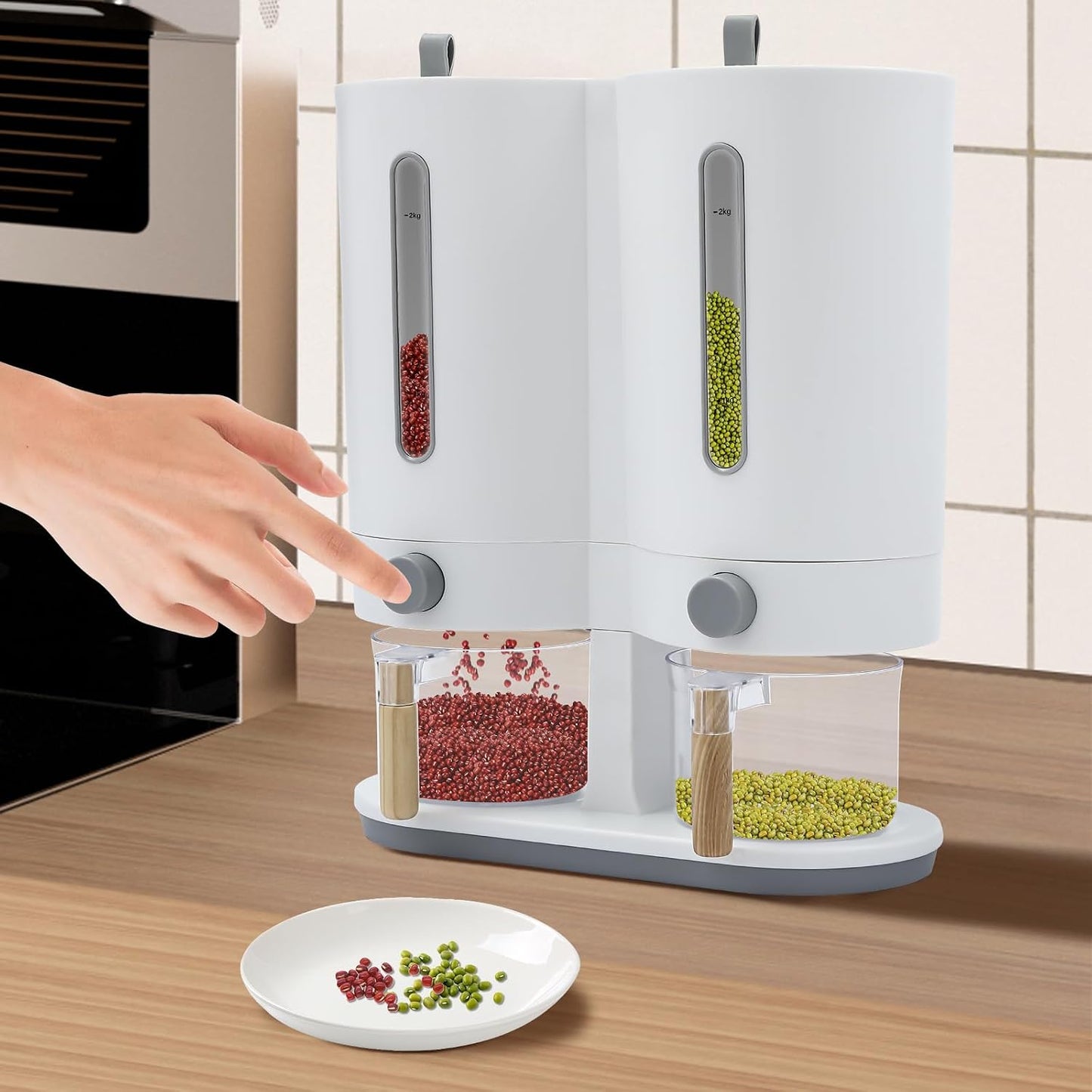 Dual Rice Dispenser, Grain Holder Beans Cereal Dispensers, Rice Storage Container with 2 Measuring Cup, with Airtight Lid, for Home Kitchen Countertop Organization (White Grey)