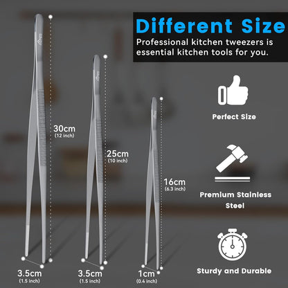 HOTEC Kitchen Tweezers Tongs Stainless Steel Professional Chef Tweezers, Set of 3-6.3", 10" and 12inch Food Tongs for Cooking, Repairing, Dessert, BBQ, Meat, Pasta