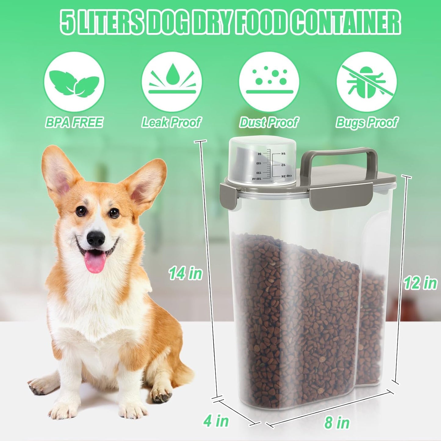 Dog Cat Food Storage Container, Pet Food Pourable Container Airtight with Large Spout & Cup, BPA-Free Plastic Food Dispenser for Pet Food, Bird Seed, Rice, Flour (Dark Gray, 2.5L)
