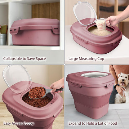 Komzon Rice Storage Bin Cereal Containers, 13-50lb Collapsible Rice Container Dispenser with Transparent Lid, Rolling Wheels, Measuring Cup and Scoop, Airtight Dog Cat Pet Food Storage Container Green