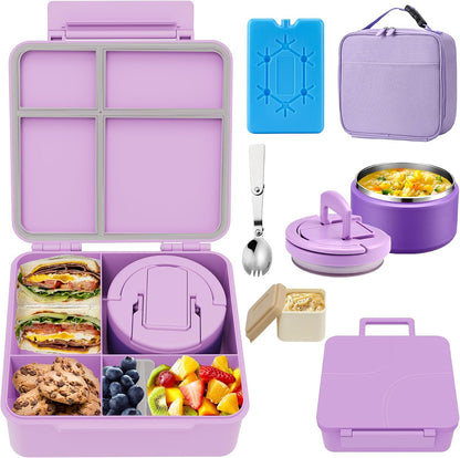 MAXSO Bento Lunch Box Set with 8 oz Soup Thermo, Kids Leakproof 4 Compartments Hot Food Container with Sauce Cup, Ice Pack and Lunch Bag, Child Insulated Food Jar for School - Black