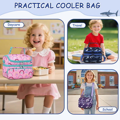 Kasqo Lunch Bag Kids, Dual Compartment Insulated Cooler Bag 7.5L Girls Boys Toddler Lunch Box Containers for Daycare School Kindergarten Travel Ombre Butterfly