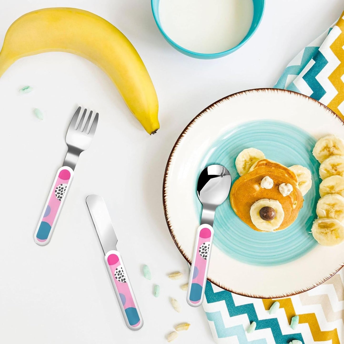 3-Piece Children Utensils Set Crazy polka dots Knife Spoon Fork Set Stainless Steel Silverware Set Easy-Grip Reusable Utensils Set Child Flatware Set with Case for Lunch Travel