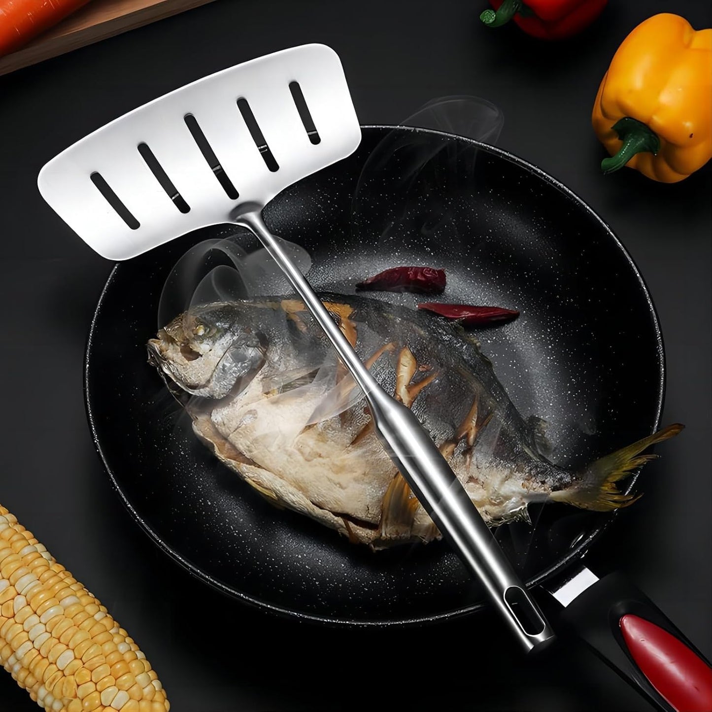 GREATLINK 304 Stainless Steel Fish Spatula,Wide Slotted Turner Steak Spatula With Heat Resistant Long Handle,Professional Kitchen Slotted Cooking Turner for Cooking or Baking