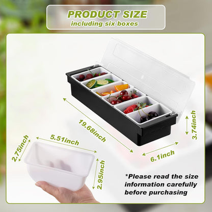 2 Pcs Bar Fruit Caddy with Lid Salad Condiment Server Black Plastic Garnish Tray Ice Chilled Condiment Caddy for Home Restaurant Bartending Serving Veggie Taco Salad Party Supplies(6 Compartments)