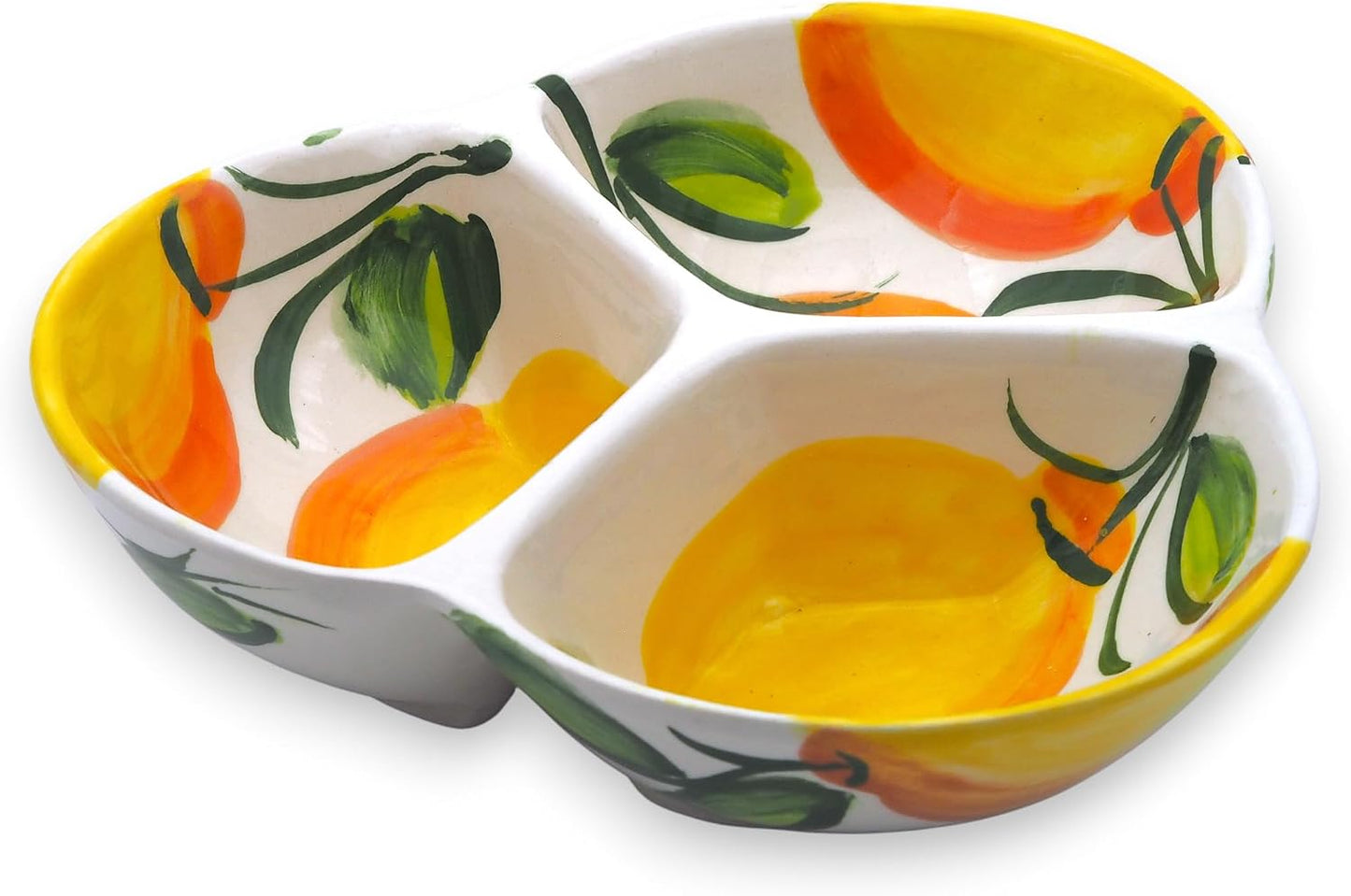 Ceramic Chip & Dip Bowl 7.5”, 3-Compartment Divided Serving Dish & Condiment Tray for Appetizers – Handmade in Spain, Lead-Free Glaze, Microwave, Oven & Dishwasher Safe