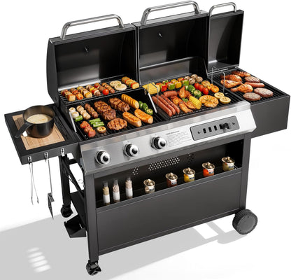 MFSTUDIO 5 Burner Gas Grill Griddle Combo with Porcelain-Enameled Cast Iron Grates,Cutting Board and Double Lids, Duel-Function Propane BBQ Grills with Flat Top Grddle for Outdoor Barbecue Cooking