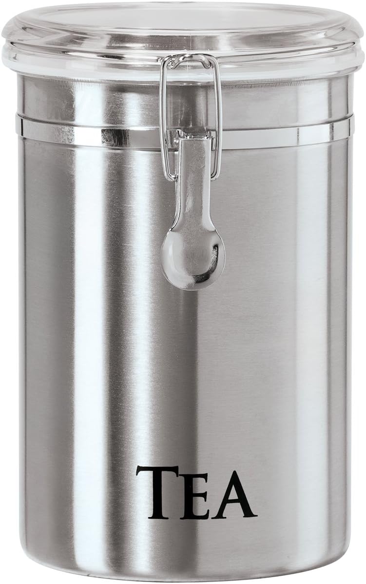 Oggi Stainless Steel Sugar Canister 62 fl oz - Airtight Clamp Lid, Clear See-Thru Top - Ideal Sugar Container for Countertop, Sugar Jar, Bulk Sugar Storage. Large Size 5" x 7.5".