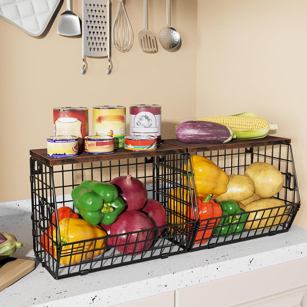 Mefirt Fruit Basket, 2-Tier Fruit Bowl for Kitchen Counter, Stackable Wall Mounted Fruit Storage, Snack Organizer, Potato and Onion Storage Basket, Hanging Pantry Storage with Wood Lid, 2 Set, White
