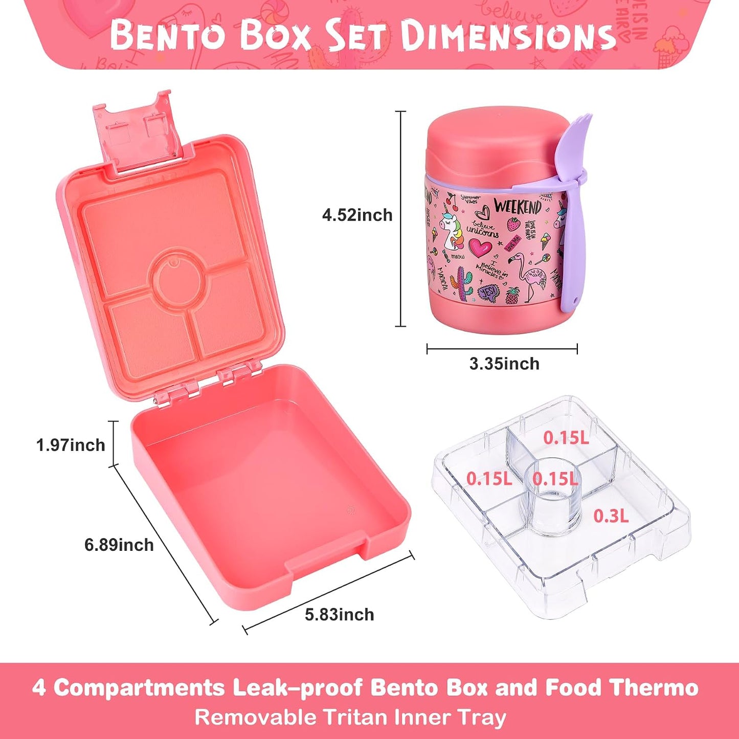 Pawtong Bento Lunch Box Set With 10oz Soup Thermo, Leak-proof Lunch Containers with 4 Compartment, Kids Hot Thermo Food Jar/Insulation Lunch Bag, Food Containers for School（Dinosaur）