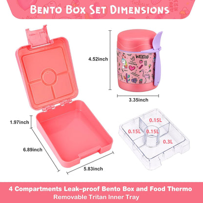 Pawtong Bento Lunch Box Set With 10oz Soup Thermo, Leak-proof Lunch Containers with 4 Compartment, Kids Hot Thermo Food Jar/Insulation Lunch Bag, Food Containers for School（Dinosaur）