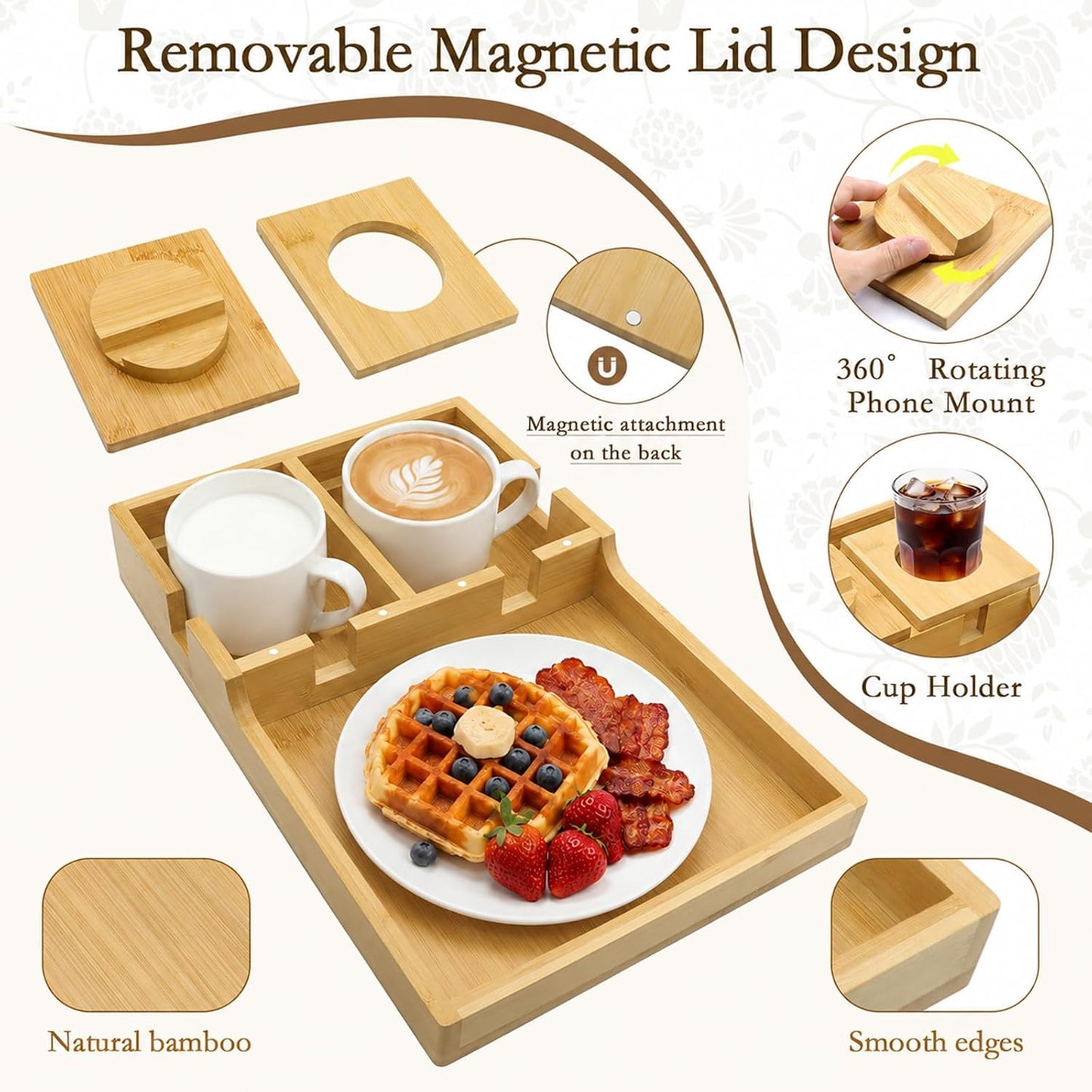 2-in-1 Bamboo Couch Tray – Insert & Flat Sofa Organizer with Anti-Slip Base,360° Rotating Phone Holder,Cup Holder, 15.3x9.8 in, Fit Seat Gaps or Armless,Sectional Sofa