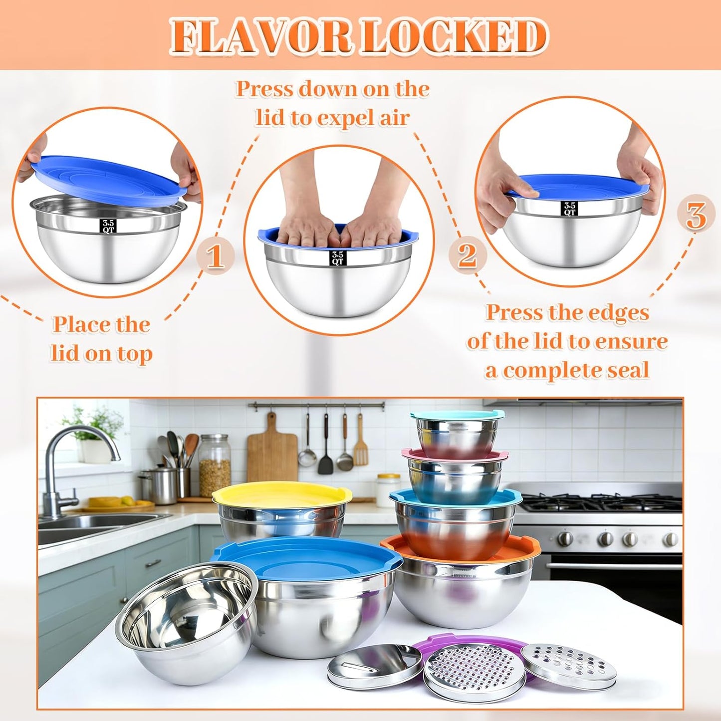 21PCS Mixing Bowls with Lids Set - 7 Nesting Mixing Bowls, 3 Graters, 11 Baking Tools, Lids, Stainless Steel Mixing Bowl for Mixing & Baking, Size 0.7/1.1/1.5/2.1/3.5/4/4.5 QT, Colorful