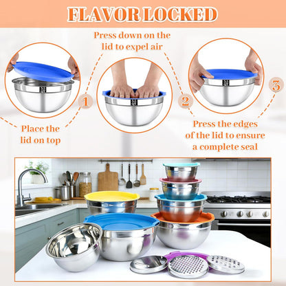 21PCS Mixing Bowls with Lids Set - 7 Nesting Mixing Bowls, 3 Graters, 11 Baking Tools, Lids, Stainless Steel Mixing Bowl for Mixing & Baking, Size 0.7/1.1/1.5/2.1/3.5/4/4.5 QT, Colorful