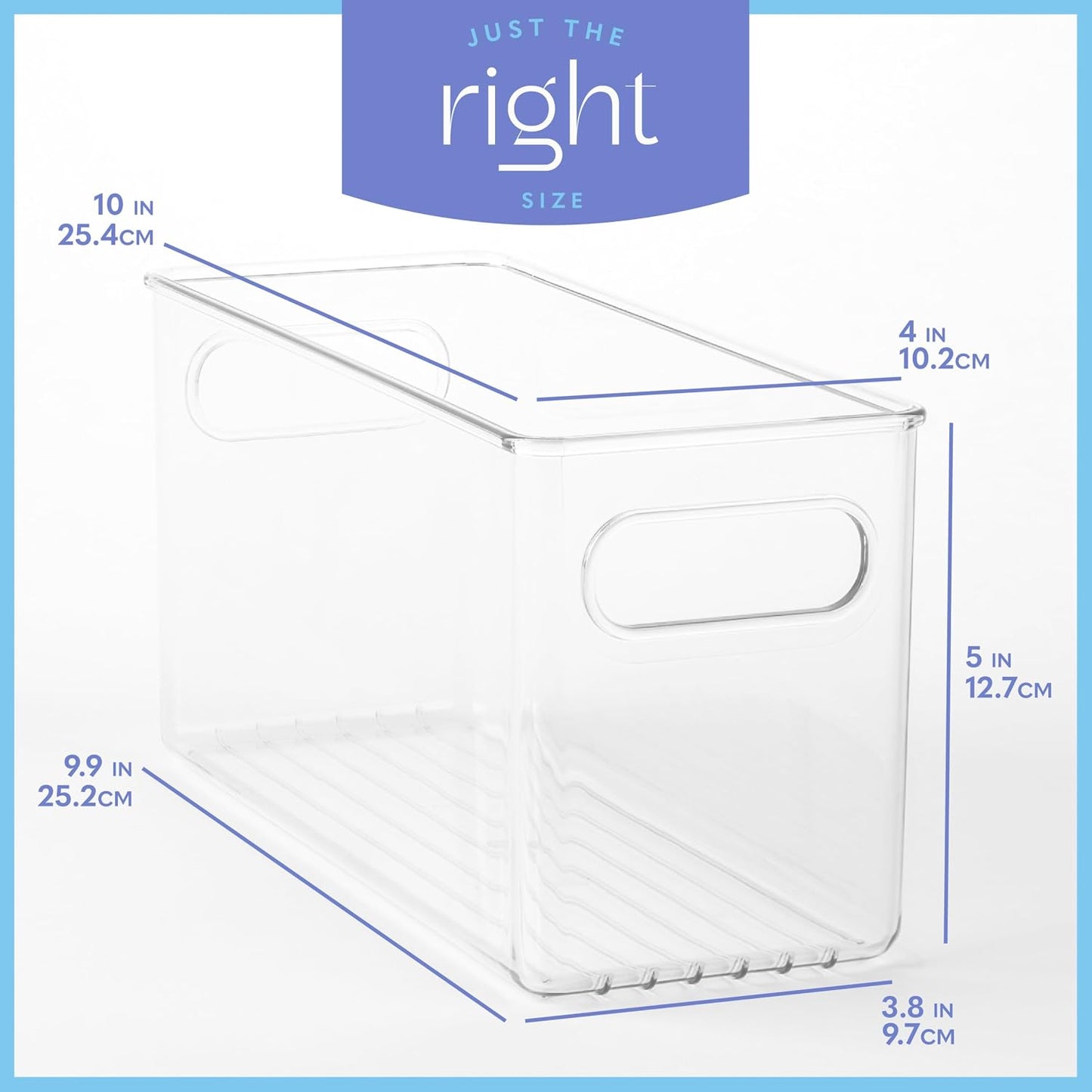 Plastic Food Storage 4 Pack Clear Container Bin with Handles for Organizing Kitchen, Pantry, Refrigerator, Freezer, Pantry, Cabinet, Closet, Bathroom. Stackable 10”x6”x3”