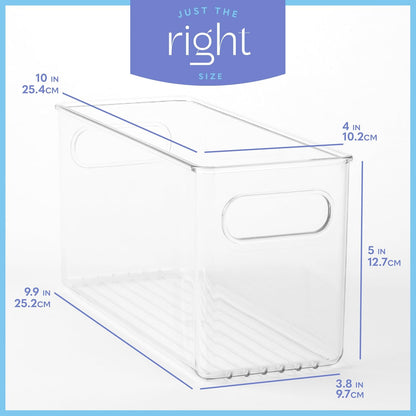 Plastic Food Storage 4 Pack Clear Container Bin with Handles for Organizing Kitchen, Pantry, Refrigerator, Freezer, Pantry, Cabinet, Closet, Bathroom. Stackable 10”x6”x3”