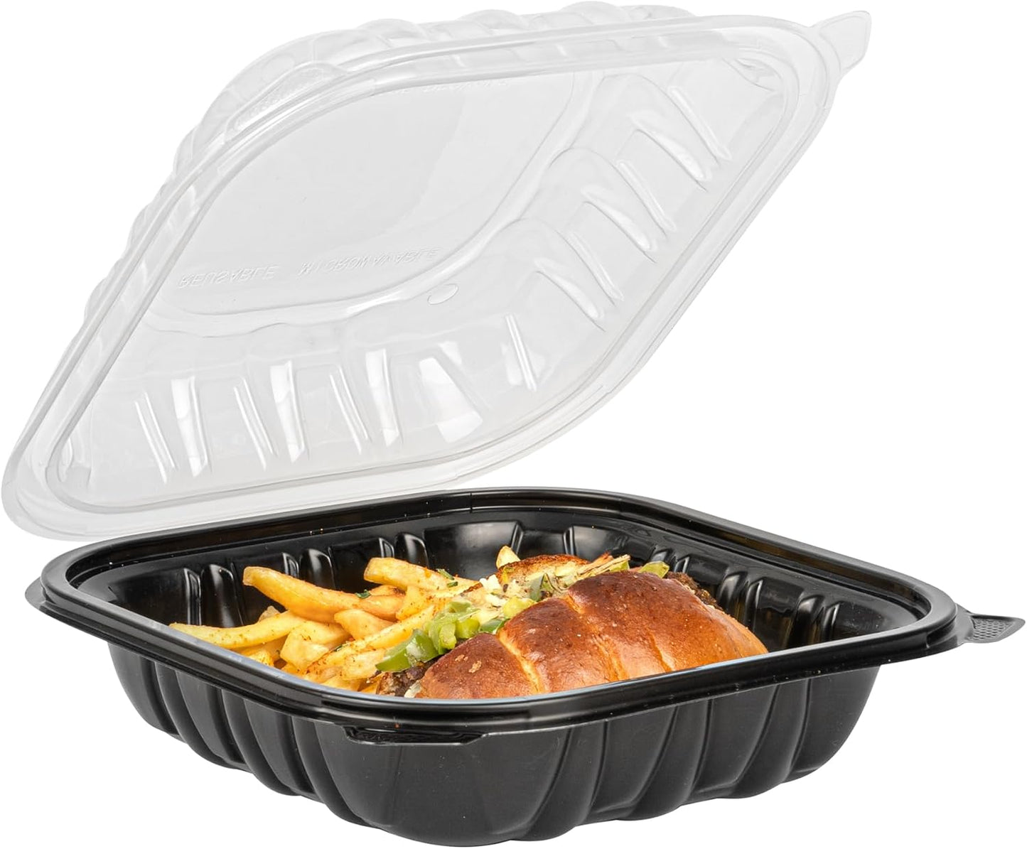 Thermo Tek 40 Ounce Clamshell Containers, 50 Disposable Take Out Boxes - 3 Compartments, Ventilated Lids, Black Plastic Meal Prep Containers, Microwavable, For Pasta Or Salads - Restaurantware
