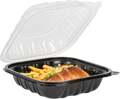 Thermo Tek 40 Ounce Clamshell Containers, 50 Disposable Take Out Boxes - 3 Compartments, Ventilated Lids, Black Plastic Meal Prep Containers, Microwavable, For Pasta Or Salads - Restaurantware
