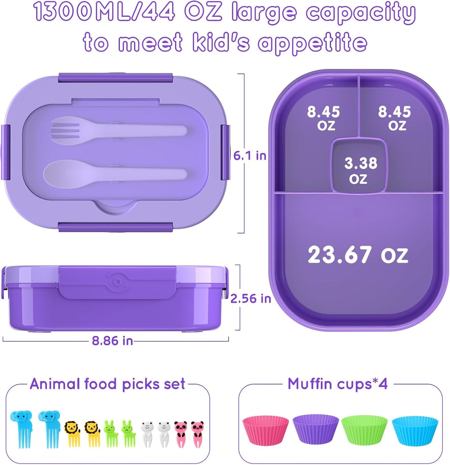 Lunch Box Kid Adult Bento Box, 4-Compartment Food Lunch Containers with Fork & Spoon, BPA Free, Leak-Proof Bento-Style Lunch Box for Work School, Microwave & Dishwasher Safe (Candy)