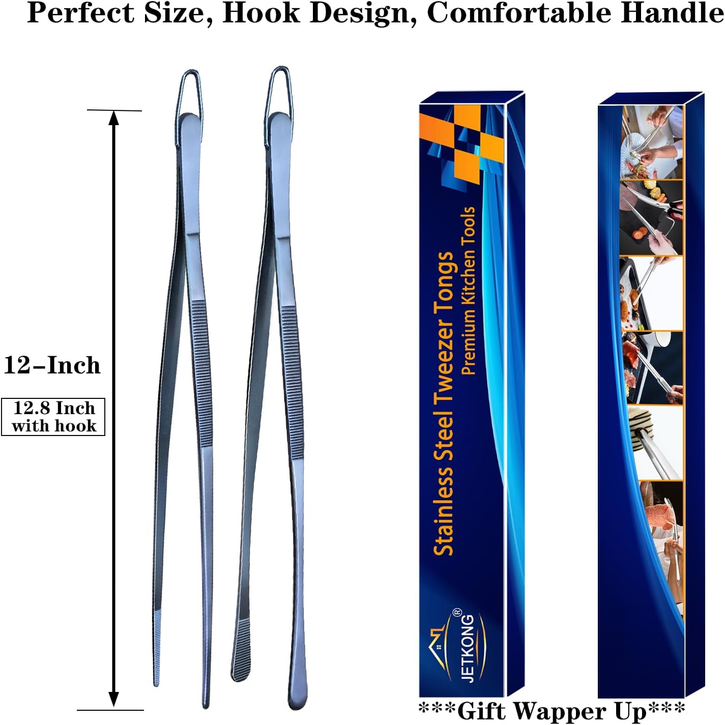 JETKONG 2 Pcs 12-Inch Kitchen Tweezers Fine Tweezer Tongs, Extra-Long Stainless Steel Cooking Tweezers (Silver)