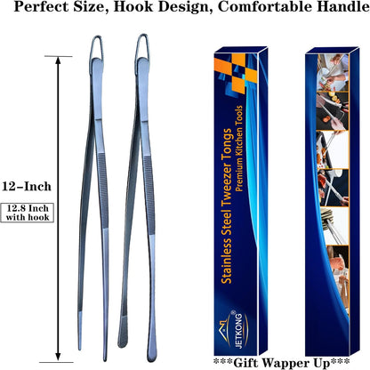 JETKONG 2 Pcs 12-Inch Kitchen Tweezers Fine Tweezer Tongs, Extra-Long Stainless Steel Cooking Tweezers (Silver)