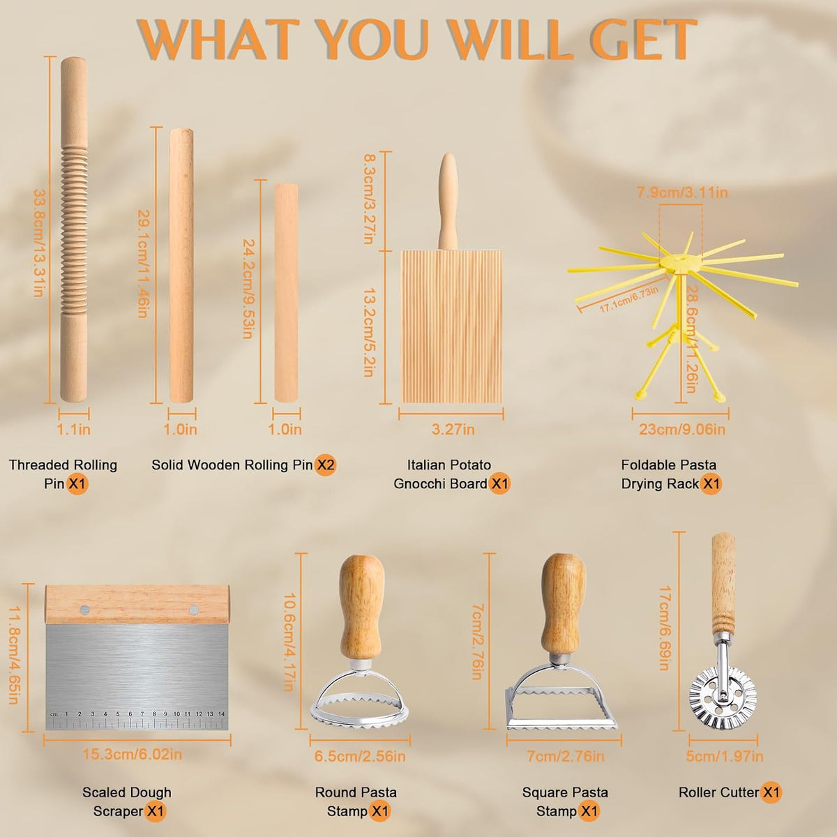 9 PCS Pasta Solid Wood Making Tools Set, Homemade Pasta Making Kit