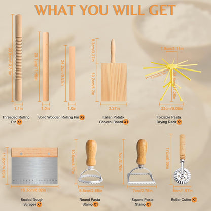 9 PCS Pasta Solid Wood Making Tools Set, Homemade Pasta Making Kit