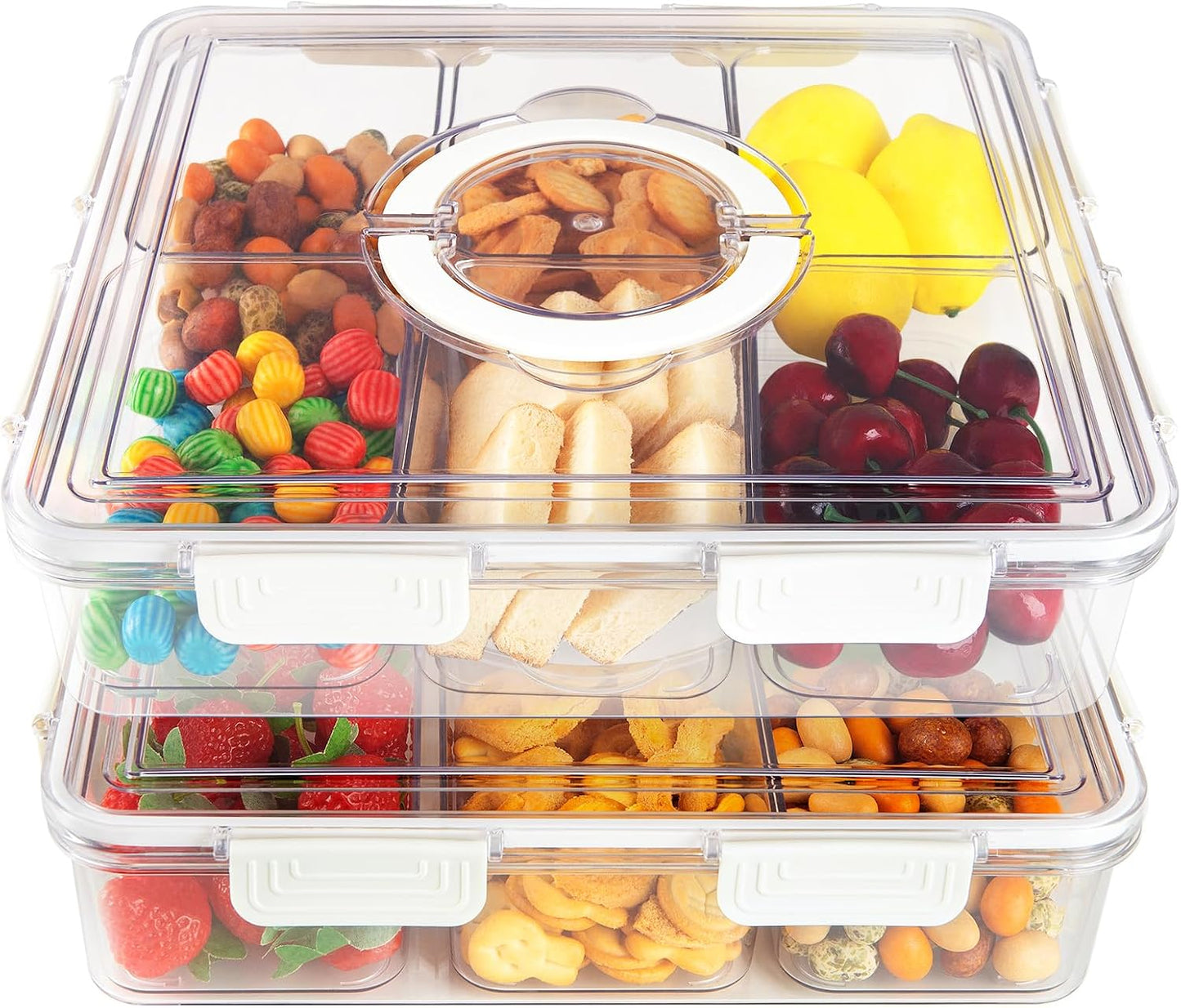 Divided Serving Tray with Lid & Handle, 4 Compartment Removable Snack Box, Kitchen Organizers and Storage, Snackle Box Container, BPA-Free Fruit Storage Container for Berry, Snack, Candy, Nuts…