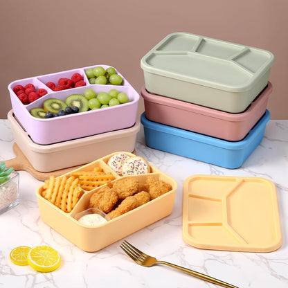 Honeydak 6 Pcs Silicone Bento Box Reusable Lunch Container 4 Compartment Snack Boxes with Lid Smooth LeakProof Rectangle Food Boxes for Adult Work Travel Food Storage (Cute Color)