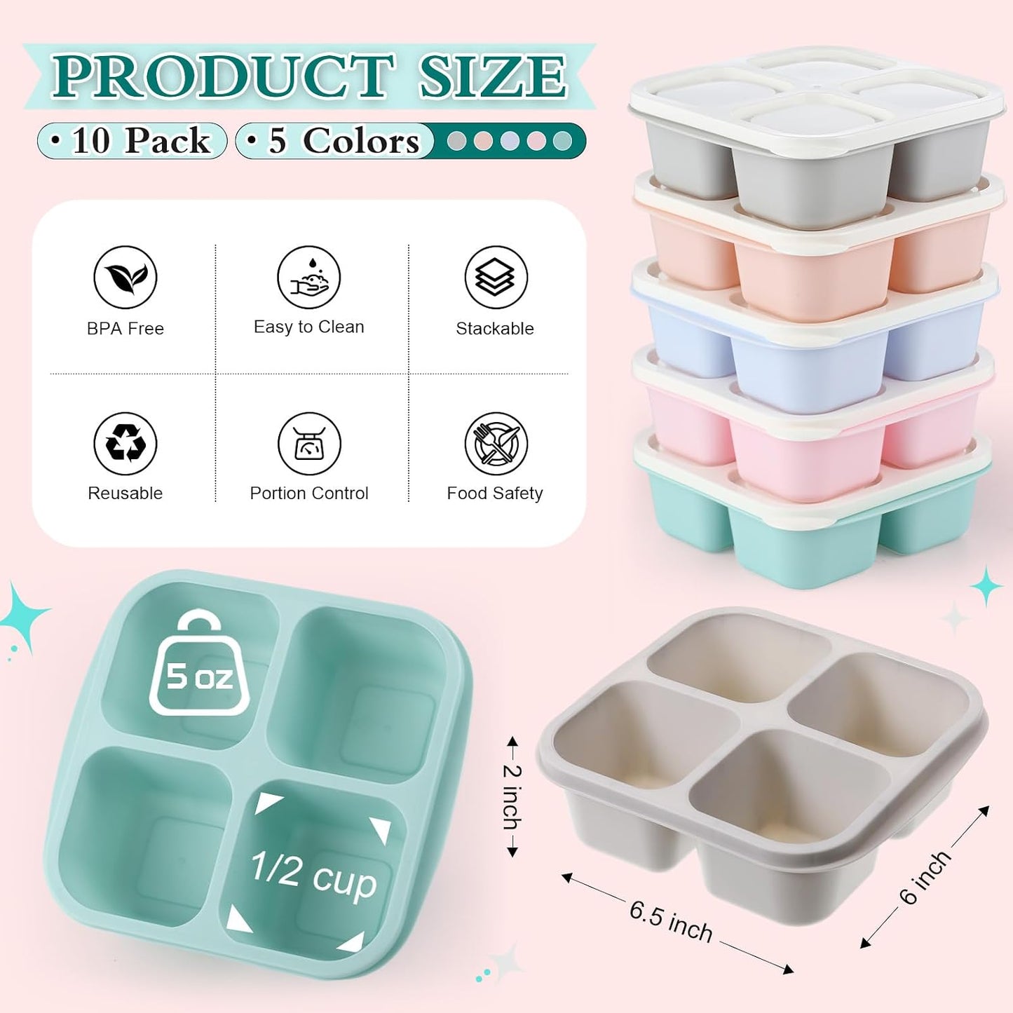 Honeydak 10 Pack Bento Snack Containers 4 Compartment Snack Boxes Reusable Containers with Lids Divided Meal Prep Lunch Food Storage Box for School Work Travel