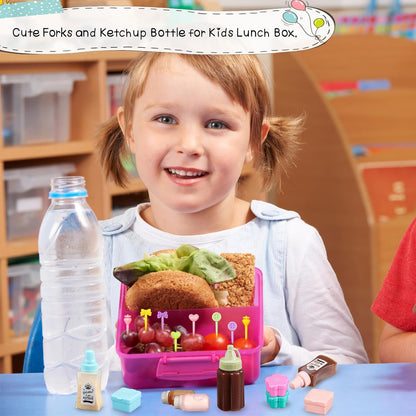 50 Pcs Kids Bento Box Accessories Including Food Picks Mini Condiment Bottles Ketchup Squeeze Bottles, Mini Soy Sauce Container with Funnel for Kids School Bento Camping Office Accessories (Animal)