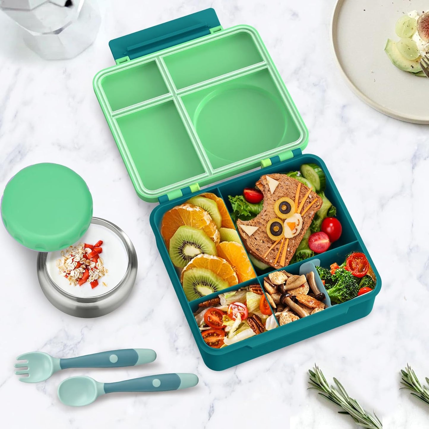 Bento Lunch Box Set for Kids with 8oz Soup Thermo, Leak-Proof Lunch Containers with 4 Compartment, Thermo Hot Insulated Food Jar and Foldable Fork Spoon, for Kids to School (pale pink)