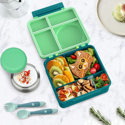 Bento Lunch Box Set for Kids with 8oz Soup Thermo, Leak-Proof Lunch Containers with 4 Compartment, Thermo Hot Insulated Food Jar and Foldable Fork Spoon, for Kids to School (pale pink)