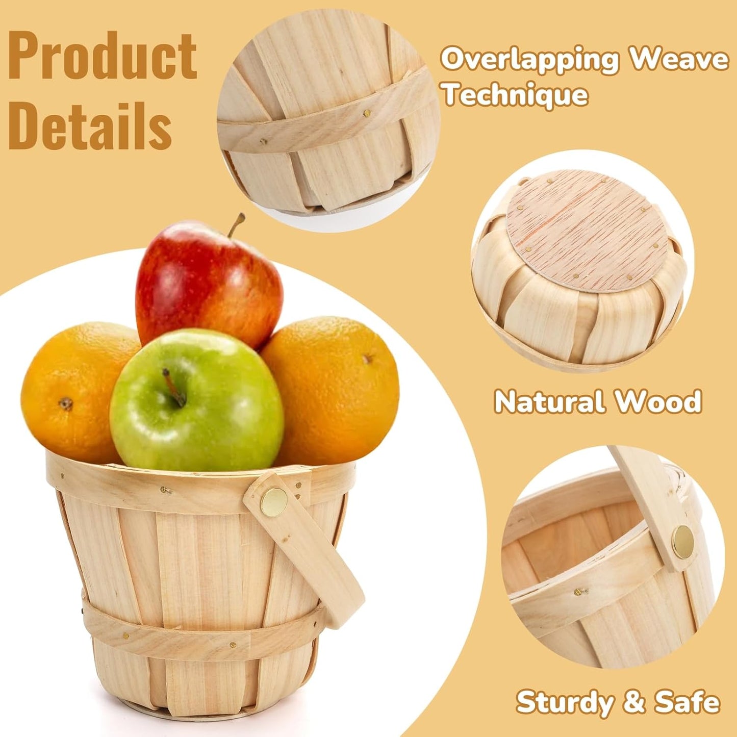 10 Pack Small Wooden Gift Basket, 4 x 4.7 Inch Round Woven Fruit Baskets Bulk, Mini Picnic Baskets with Handle for Easter Garden Picking Berry Vegetable Flower DIY Craft Wedding Party Home