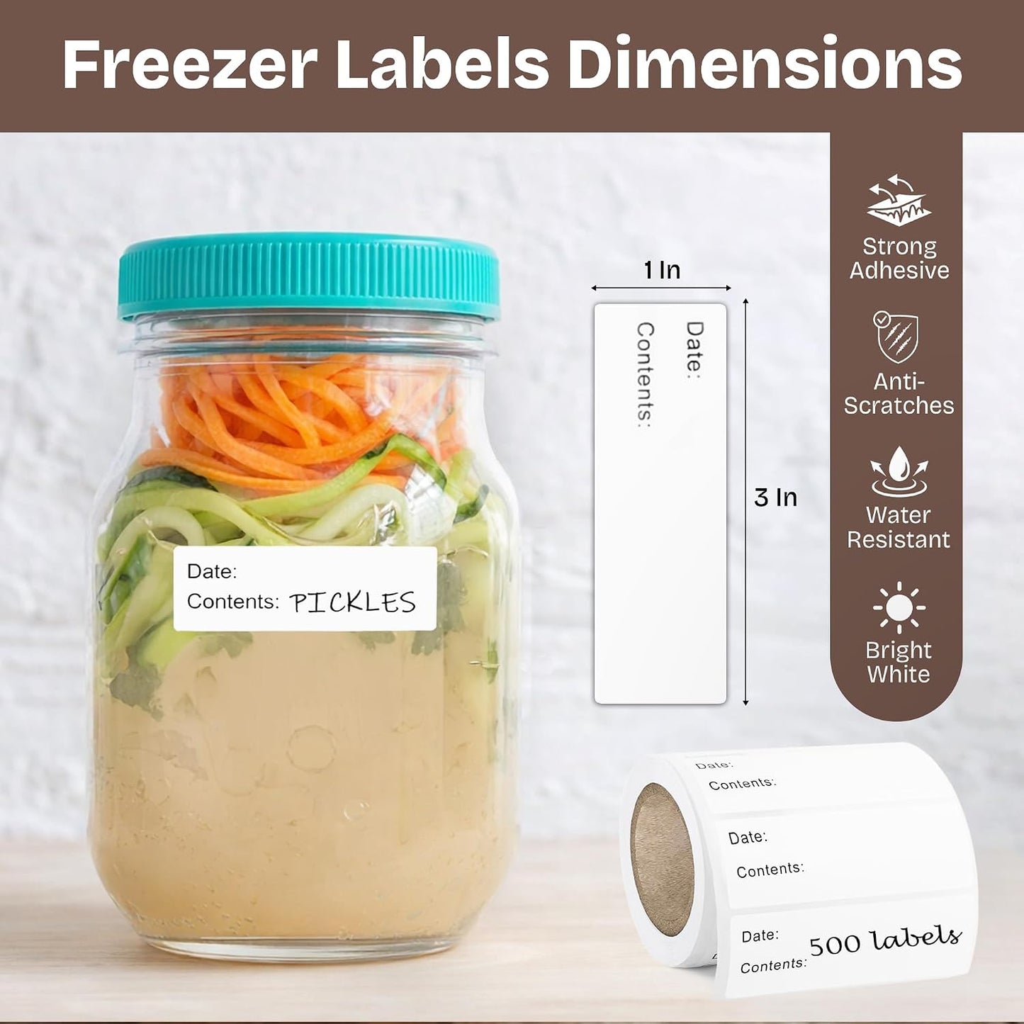 500 Pcs Food Labels, 1 x 3 Inch Removeable Freezer Labels, Water & Oil Resistant, No Residue, Easy Peel Off, Food Storage Labels for Freezer Bags, Jars, Containers & for Meal Prep, Perfect for Kitchen