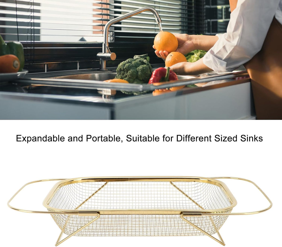 Over The Sink Colander, Expandable Stainless Steel with Fine Mesh Strainer Basket Vegetable Fruit Wash Basket with Handles for Kitchen Sink, Home Kitchen Essentials (Gold)